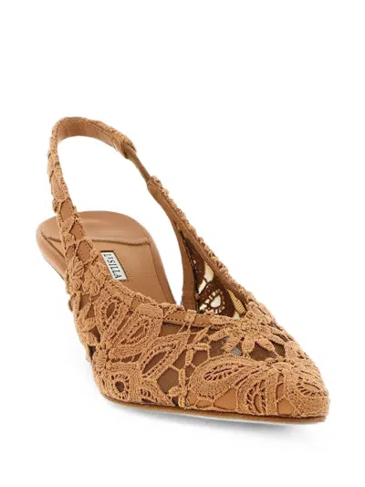 Le Silla Chantilly Slingback Pumps Lace Floral Kitten In Brown