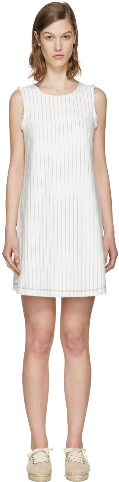 Alexander Wang T Frayed Pinstriped Cotton-burlap Mini Dress In White With Navy Stripe