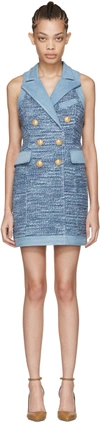 Balmain Women Blue Dress With Frayed Details In Tweed Woman