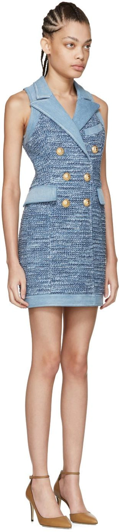 Shop Balmain Blue Tweed & Denim Dress