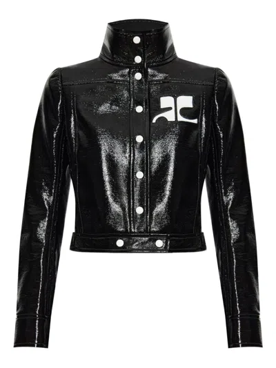 Courrèges Stretch Cotton Cropped Vinyl Jacket Reedition In Black