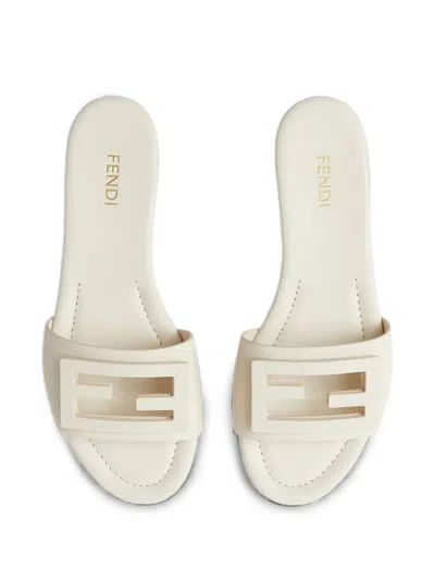 Fendi Wide-band Slide Sandals With Ff Baguette Motif In White