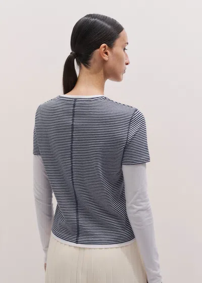 Me+em Micro Stripe Double Layer Top Navy-soft White In Navy/soft White
