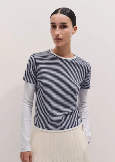 Me+em Micro Stripe Double Layer Top Navy-soft White In Navy/soft White
