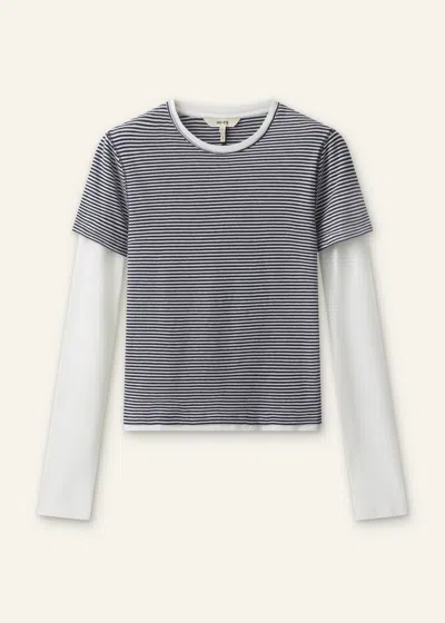Me+em Micro Stripe Double Layer Top Navy-soft White In Navy/soft White