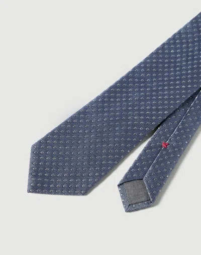 Brunello Cucinelli Silk Tie With Geometric Pattern In Blue
