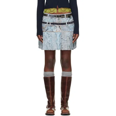 Andersson Bell Python Print Faded Denim Mini Skirt In Blue