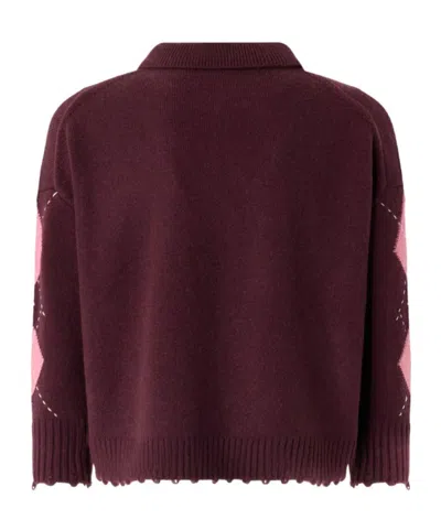 Pinko Argyle-pattern Distressed Sweater In Burgundy