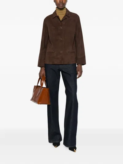 Tory Burch Goat Leather Button-front Jacket With Classic Collar In Brown