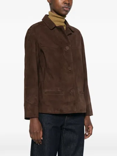 Tory Burch Goat Leather Button-front Jacket With Classic Collar In Brown