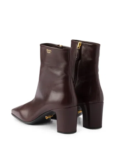 Prada Leather Booties In Brown