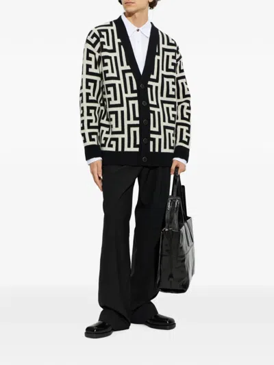 Balmain Monogram V Neck Mid Length Cardigan In Multi