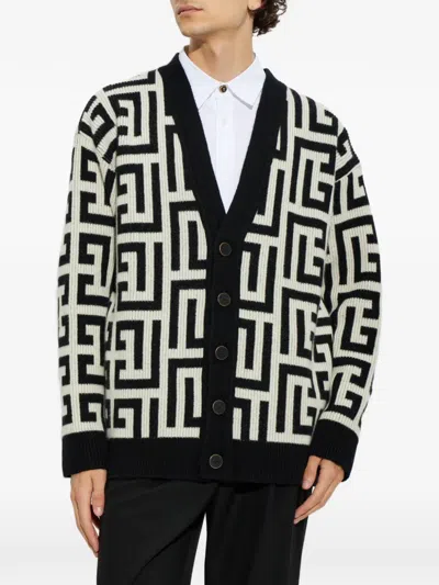 Balmain Monogram V Neck Mid Length Cardigan In Multi