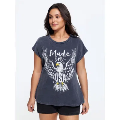 Bloomchic Vintage Washed Eagle Print Cap Sleeve T-shirt In Blue