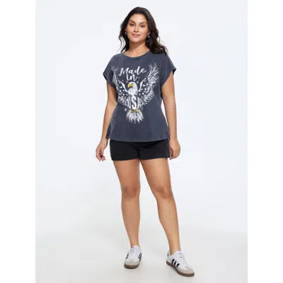 Bloomchic Vintage Washed Eagle Print Cap Sleeve T-shirt In Blue
