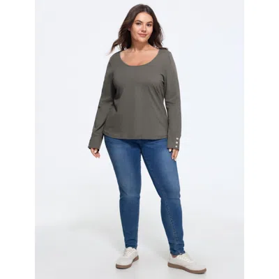 Bloomchic Cotton Solid Button Cuff Long Sleeve T-shirt In Gray
