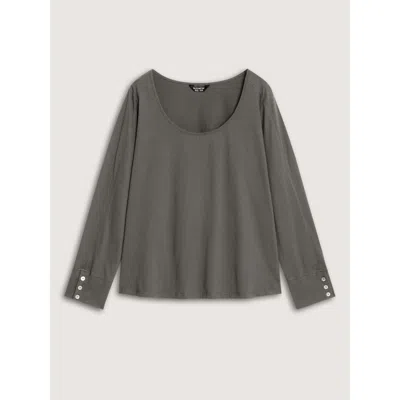 Bloomchic Cotton Solid Button Cuff Long Sleeve T-shirt In Gray