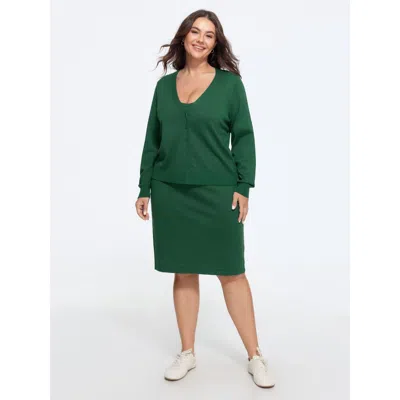 Bloomchic Textured Solid V Neck Front Button Cardigan In Darkgreen