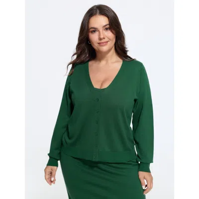 Bloomchic Textured Solid V Neck Front Button Cardigan In Darkgreen