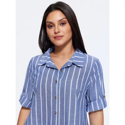 Bloomchic Stripe Print Button Front Tab Sleeve Blouse In Blue
