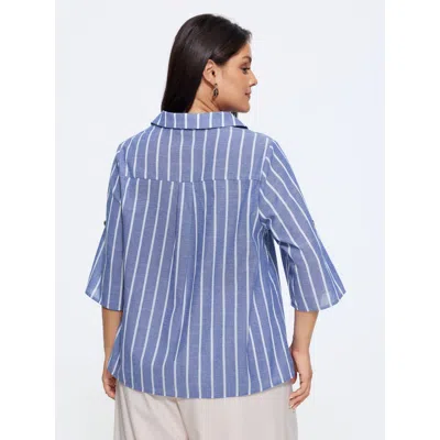 Bloomchic Stripe Print Button Front Tab Sleeve Blouse In Blue