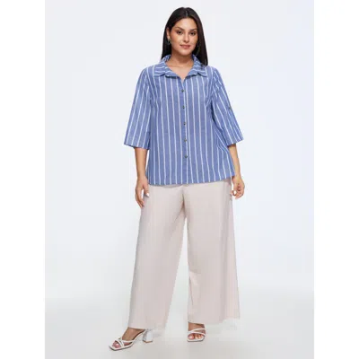 Bloomchic Stripe Print Button Front Tab Sleeve Blouse In Blue