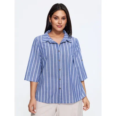 Bloomchic Stripe Print Button Front Tab Sleeve Blouse In Blue