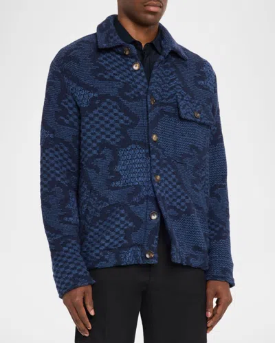 Etro Patterned Wool-blend Overshirt Jacket In Blue