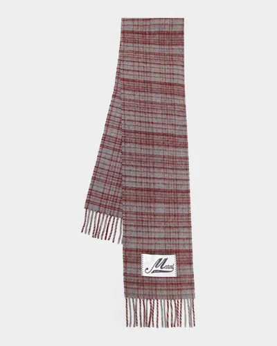 Marni Check-pattern Fringed Scarf In Brandy