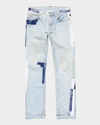 Acne Studios Denim Straight Jeans Distressed Patchwork Five Pocket In Light Blue