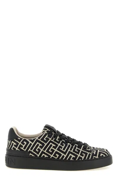 Balmain B-court Sneakers In Leather And Monogram Jacquard In Black