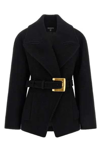 Balmain Short Wool Wrap Coat In Black