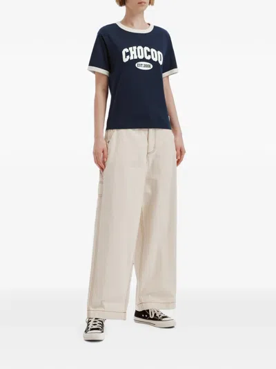 Chocoolate Logo-print Ringer T-shirt In Blue