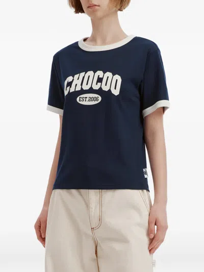 Chocoolate Logo-print Ringer T-shirt In Blue