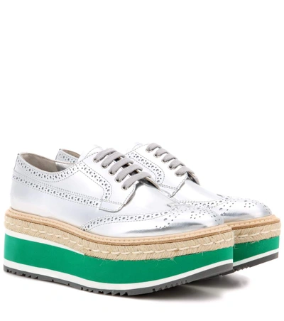 Shop Prada Wingtip Leather Brogues In Silver