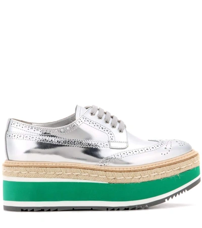 Shop Prada Wingtip Leather Brogues In Silver