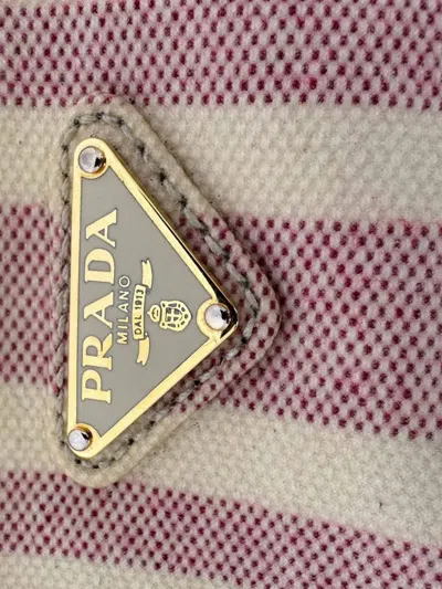 Pre-owned Prada Striped Triangle Logo Pouch In Neutrals