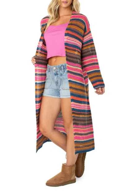Roxy Sea Wind Longline Open Front Stripe Cardigan In Multi