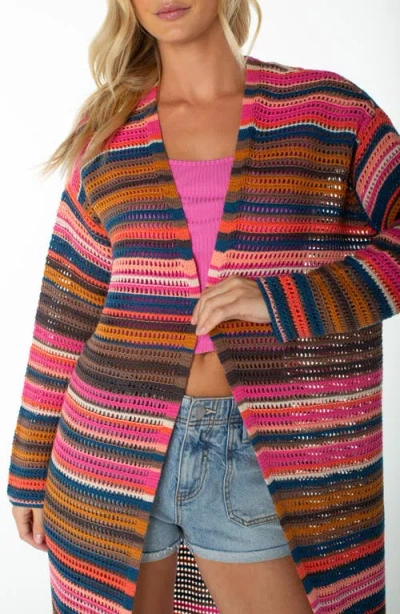 Roxy Sea Wind Longline Open Front Stripe Cardigan In Multi