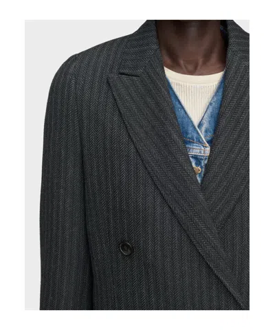 Maison Margiela Herringbone-pattern Double-breasted Coat In Black