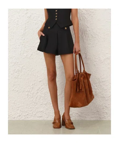 Zimmermann Valiant Tailored Button-embellished Pleated Shorts In Black