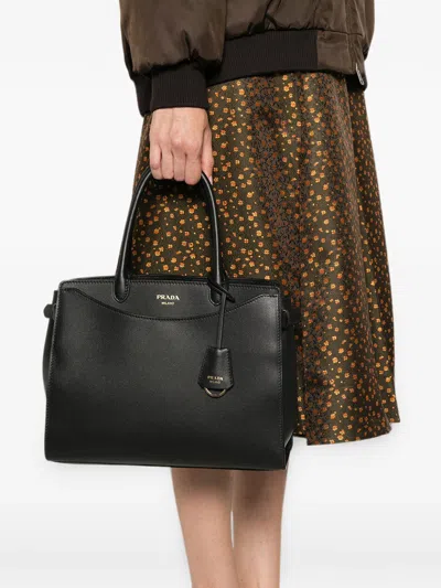Prada Structured Leather Tote Bag In Black