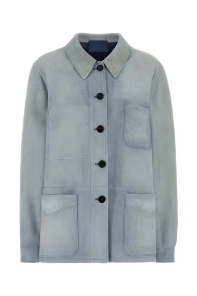 Prada Suede Jacket Long Sleeves Collar Pockets In Blue