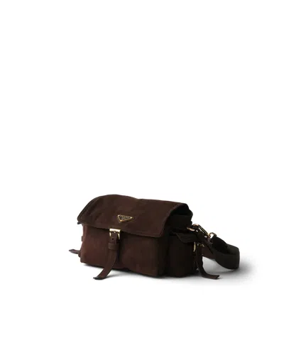 Prada Explore Medium Suede Shoulder Bag With Flap In Brown