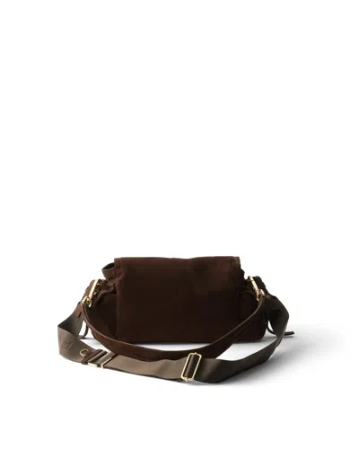 Prada Explore Medium Suede Shoulder Bag With Flap In Brown