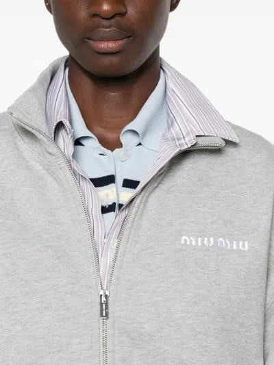 Miu Miu Logo-embroidered Zip-up Sweatshirt In Gray