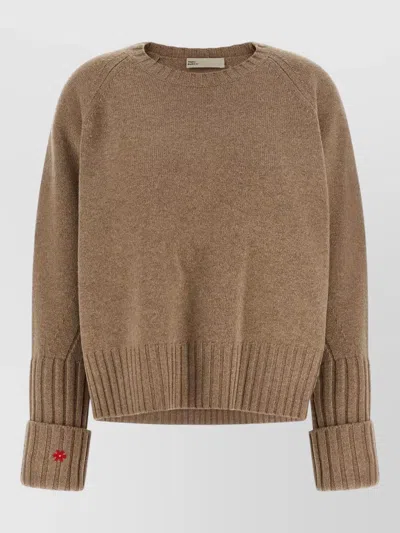 Tory Burch Wool Crew Neck Cropped Sweater Embroidered In Brown
