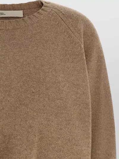 Tory Burch Wool Crew Neck Cropped Sweater Embroidered In Brown