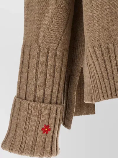 Tory Burch Wool Crew Neck Cropped Sweater Embroidered In Brown