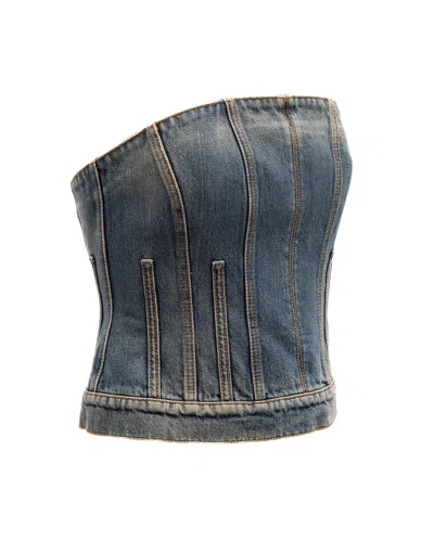 Alexander Mcqueen Denim Corset-construction Jacket In Blue